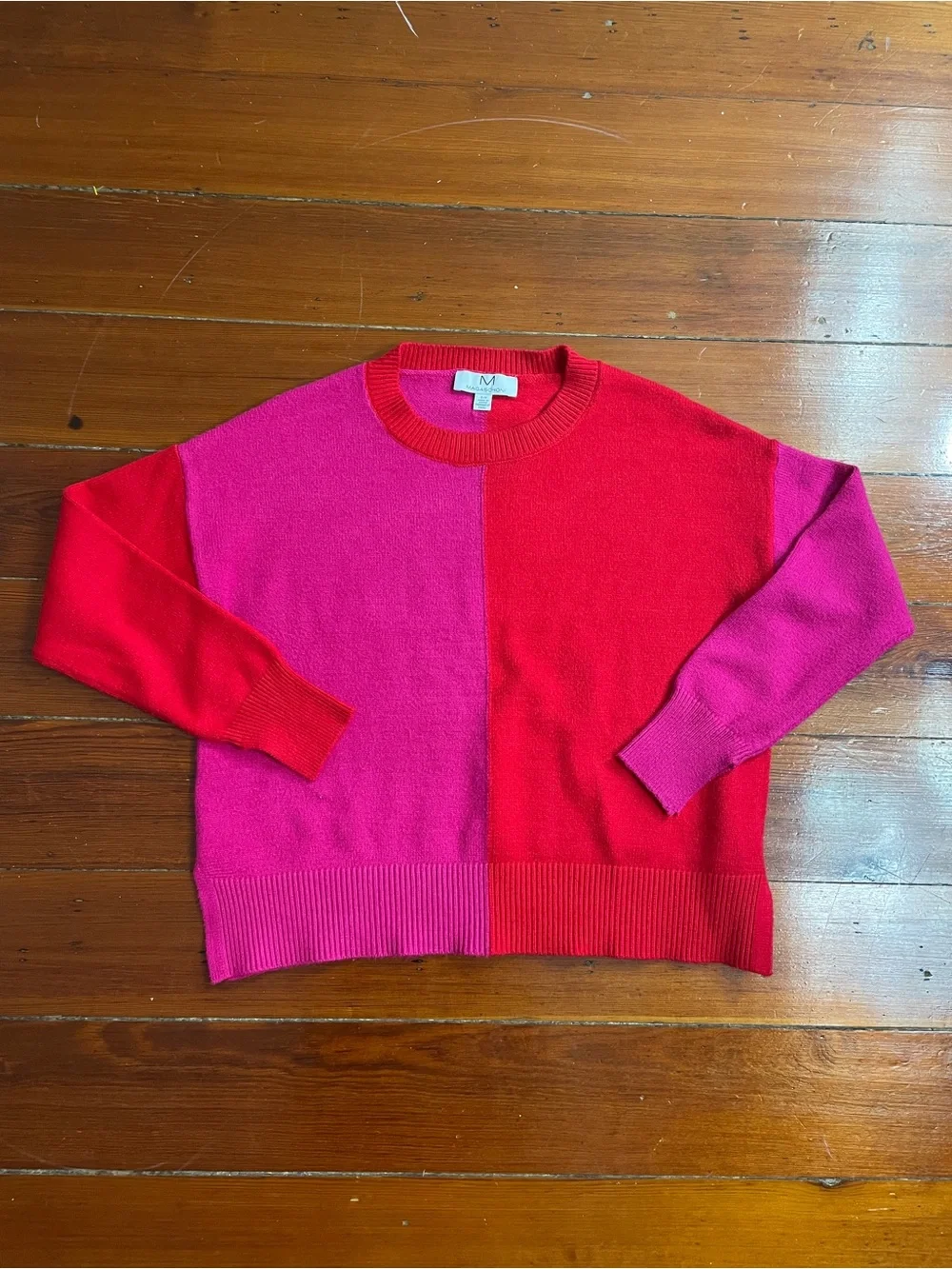 Magaschoni Colorblock Red & Pink Cropped Boxy Super Soft Knit Sweater Sz S 💚🎀